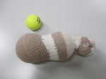 靴下にテニスボール２個をつめたものと、ゴルフボールを使います。（東図書館　「読書好きのためのセルフマッサージ講座　～首こり・肩こり 自分で解消！～」を行いました）