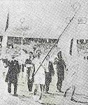 1908ストックホルム五輪<br />プラカード金栗　旗手三島（熱田図書館　「オリンピック・韋駄天」）